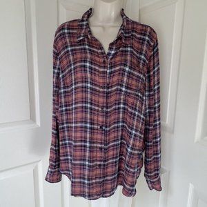 Lucky Brand Plaid Flannel Button Up Shirt Long Split Back Pink Blue Viscose L